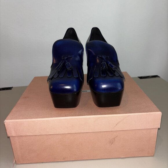 Miu Miu Blue Leather Platform Tassel Loafers Heels Size 37 - Picture 4 of 7